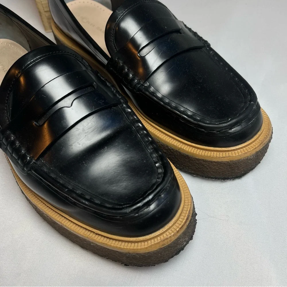 Loeffler Randall Sleek Black Loafers with Tan Platform Sole